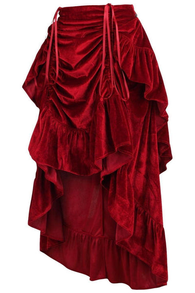 Dark Red Velvet Adjustable High Low Bustle Skirt - Daisy Corsets