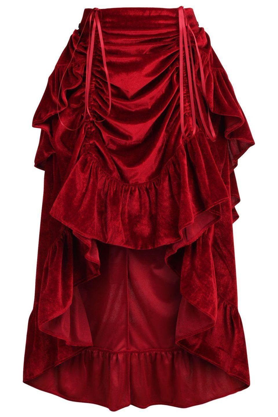 Dark Red Velvet Adjustable High Low Bustle Skirt - Daisy Corsets