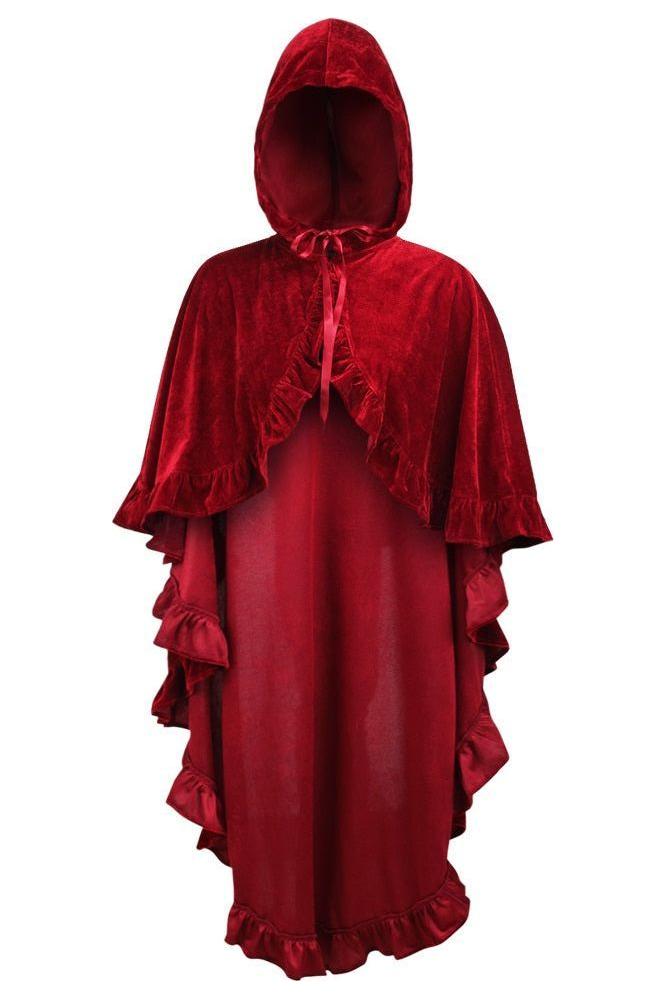 Dark Red Velvet Hooded Ruffle Cape - Daisy Corsets