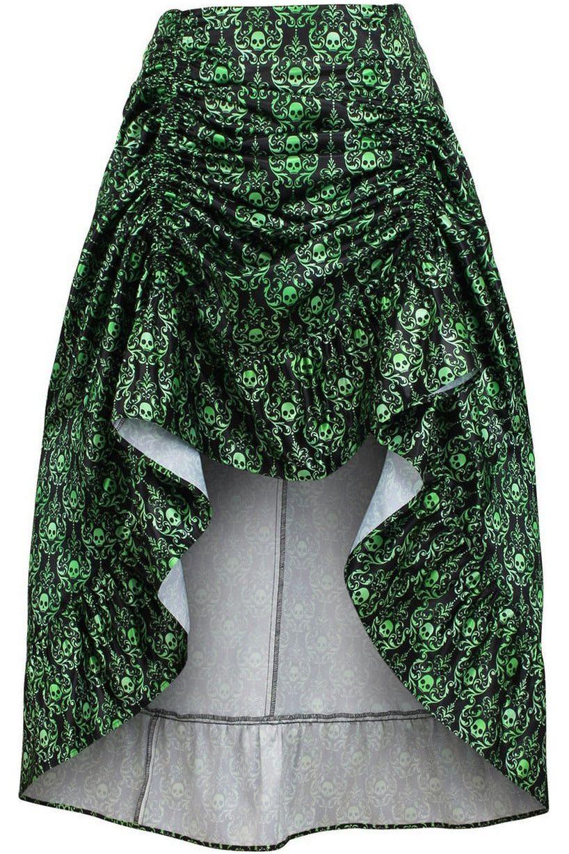 Green & Black Skull Satin Adjustable High Low Skirt - Daisy Corsets