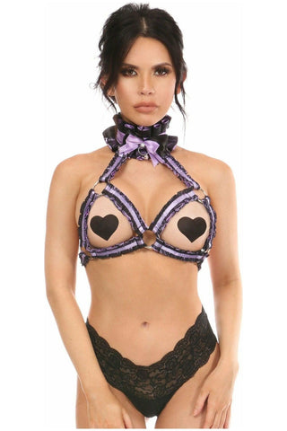 Kitten Collection Lavender/Black Lace Bra Top Body Harness - Daisy Corsets