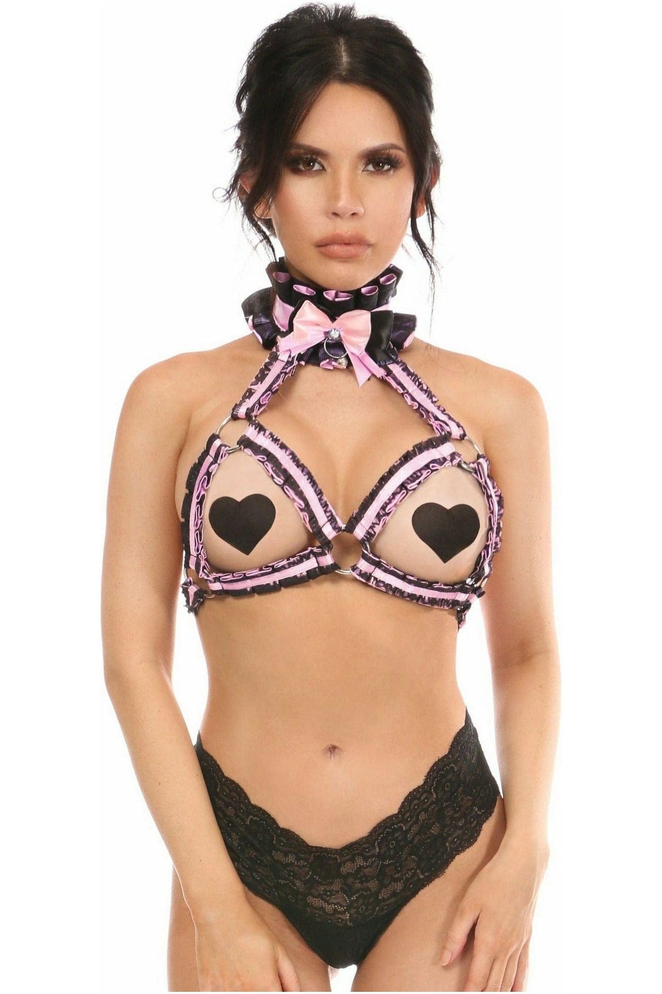 Kitten Collection Lt Pink/Black Lace Bra Top Body Harness - Daisy Corsets
