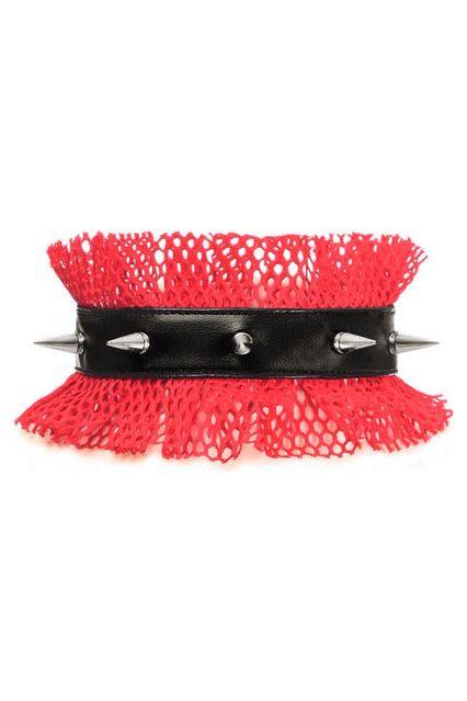 Kitten Collection Red/Black Fishnet Spike Choker - Daisy Corsets