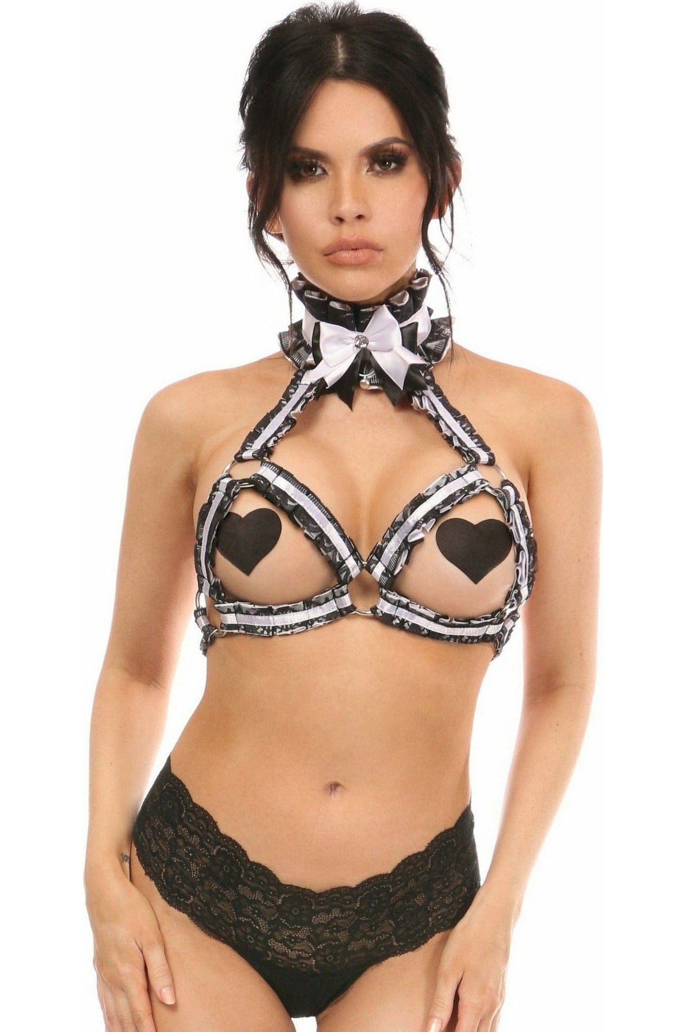 Kitten Collection White/Black Lace Bra Top Body Harness - Daisy Corsets