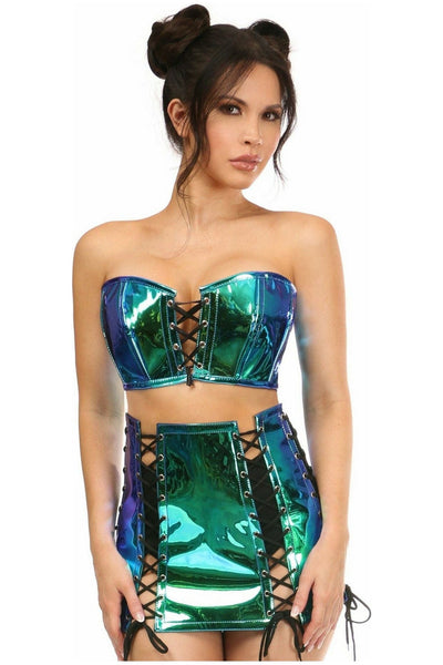 Lavish 2 PC Blue/Teal Holo Bustier & Skirt Set - Daisy Corsets