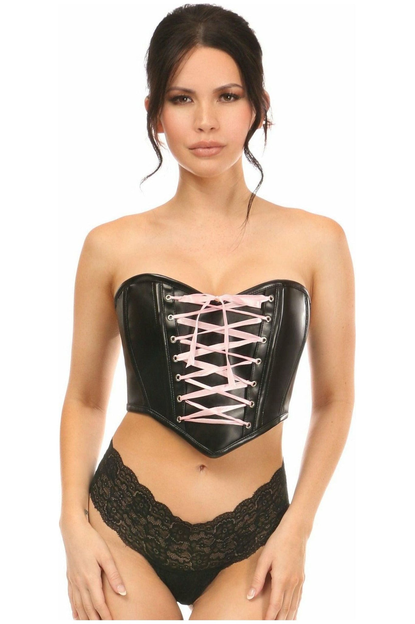 Lavish Black Faux Leather w/Pink Lace - Up Bustier - Daisy Corsets