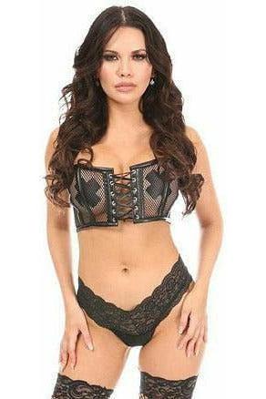 Lavish Black Fishnet & Faux Leather Lace - Up Short Bustier Top - Daisy Corsets