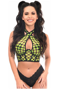 Lavish Black/Green Checker Mesh Underwire Cincher w/Built In Halter Top - Daisy Corsets