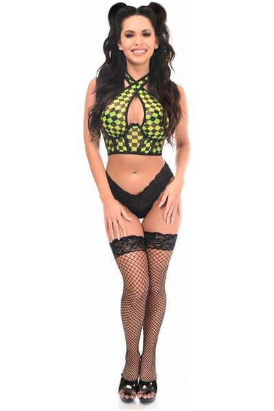 Lavish Black/Green Checker Mesh Underwire Cincher w/Built In Halter Top - Daisy Corsets