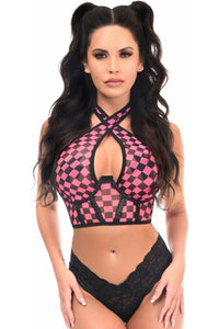 Lavish Black/Pink Checker Mesh Underwire Cincher w/Built In Halter Top - Daisy Corsets