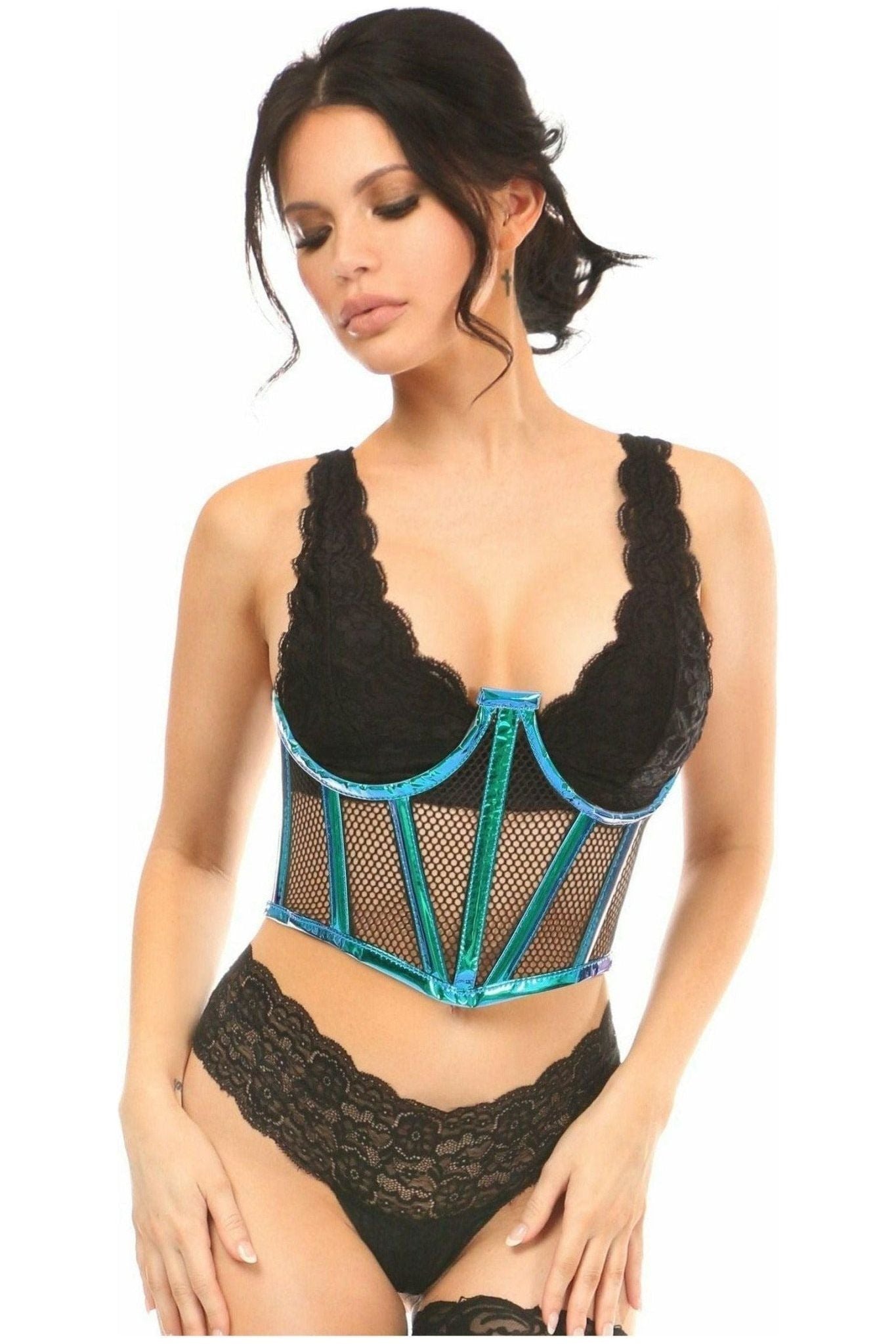 Lavish Blue/Teal Holo & Fishnet Underwire Waist Cincher Corset - Daisy Corsets