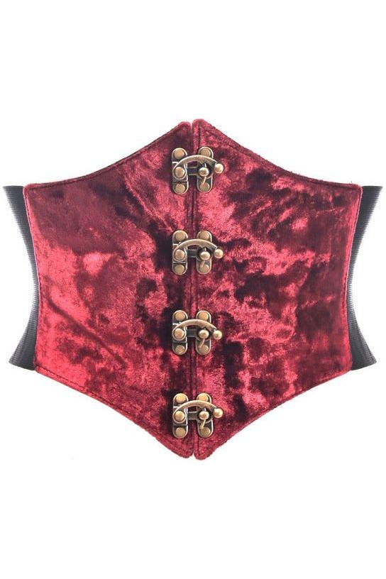 Lavish Dark Red Crushed Velvet Corset Belt Cincher w/Clasps - Daisy Corsets