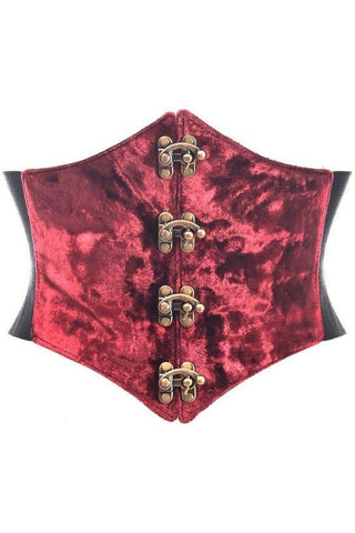 Lavish Dark Red Crushed Velvet Corset Belt Cincher w/Clasps - Daisy Corsets