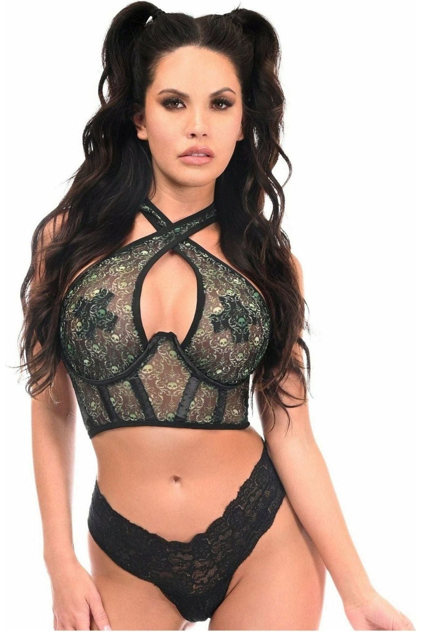 Lavish Green Skulls Print Mesh Underwire Cincher w/Built In Halter Top - Daisy Corsets