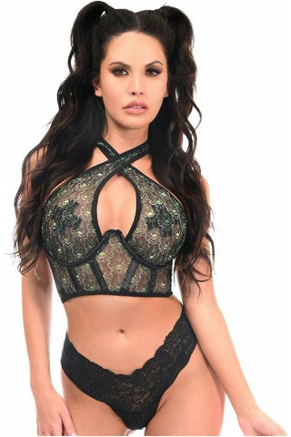 Lavish Green Skulls Print Mesh Underwire Cincher w/Built In Halter Top - Daisy Corsets