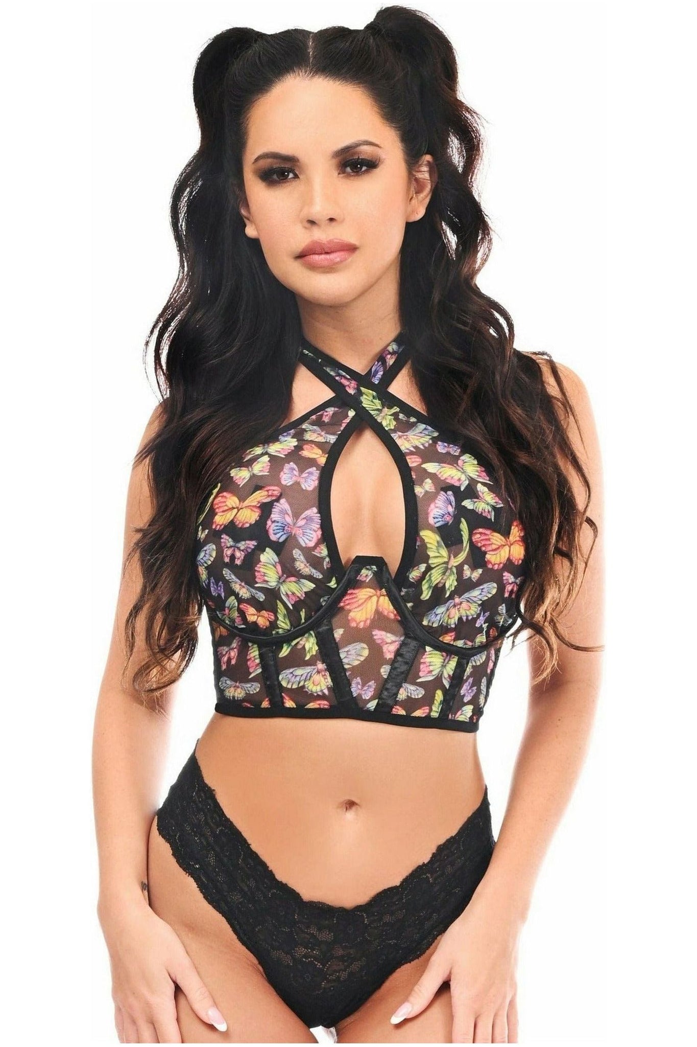 Lavish Multi Butterflies Mesh Underwire Cincher w/Built In Halter Top - Daisy Corsets