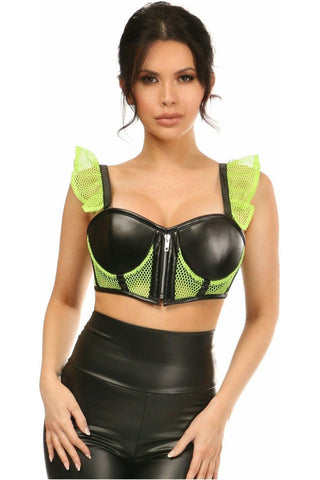 Lavish Neon Green Fishnet & Faux Leather Underwire Bustier Top w/Removable Ruffle Sleeves - Daisy Corsets