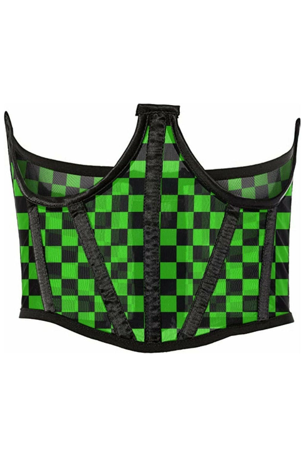 Lavish Neon Green/Black Checker Print Mesh Open Cup Waist Cincher - Daisy Corsets