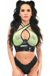 Lavish Neon Green/Black Vinyl & Fishnet Halter Top Underwire Cincher - Daisy Corsets