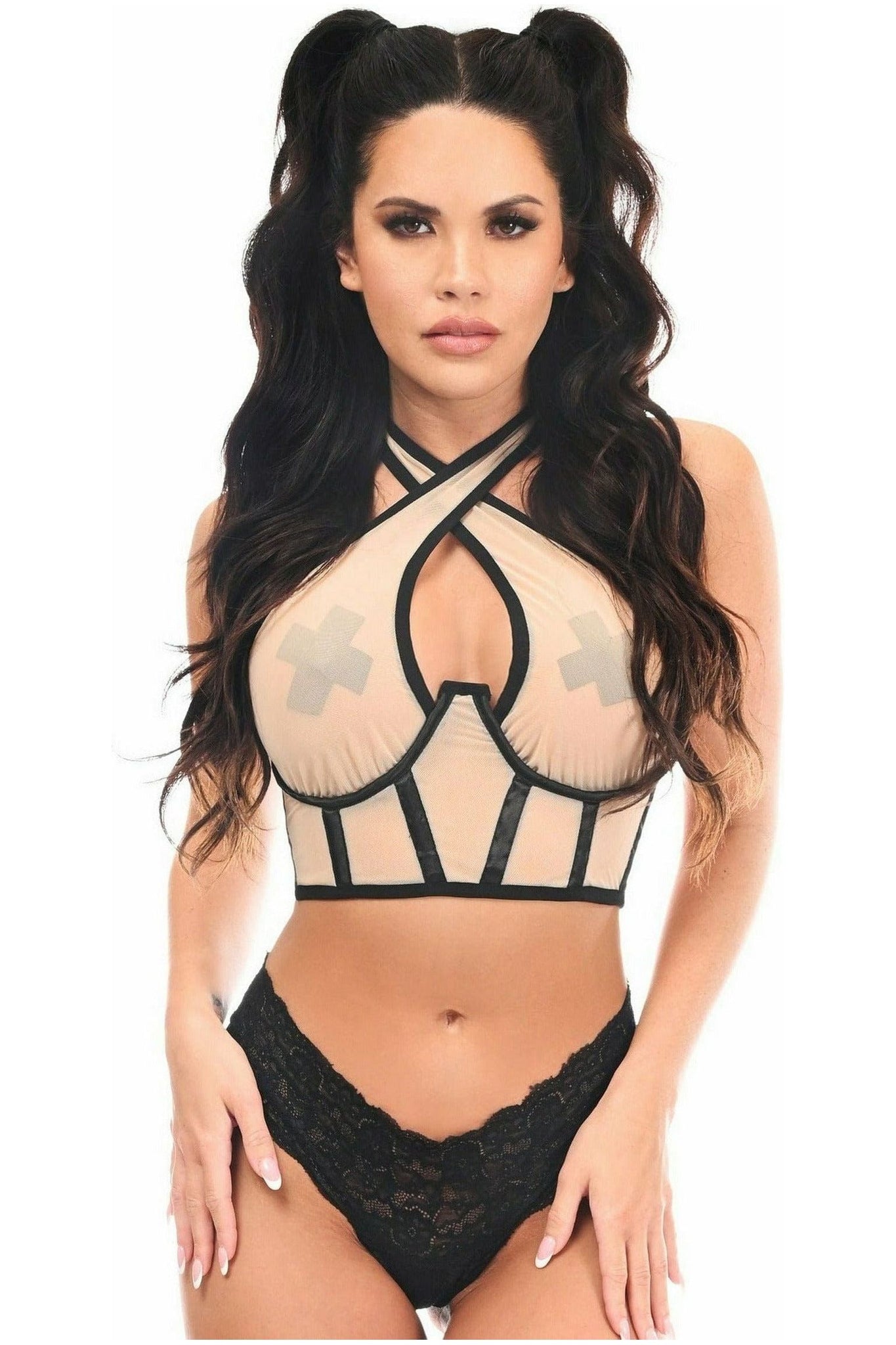 Lavish Nude Mesh Underwire Cincher w/Built In Halter Top - Daisy Corsets