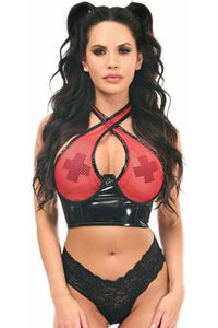 Lavish Red/Black Vinyl & Fishnet Halter Top Underwire Cincher - Daisy Corsets