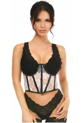 Lavish Sheer White Lace & Faux Leather Open Cup Waist Cincher - Daisy Corsets
