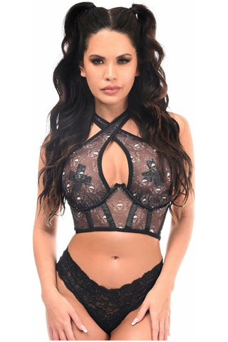 Lavish White Skulls Print Mesh Underwire Cincher w/Built In Halter Top - Daisy Corsets