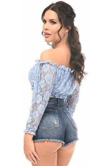 Lt Blue Lined Lace Long Sleeve Peasant Top - Daisy Corsets