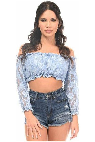 Lt Blue Lined Lace Long Sleeve Peasant Top - Daisy Corsets