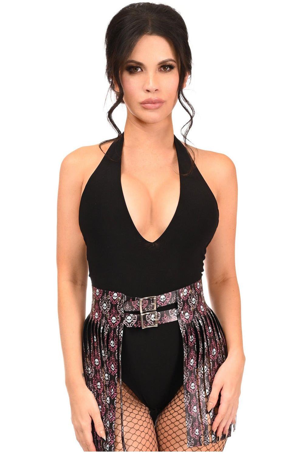 Pink & White Skulls Faux Leather Fringe Skirt - Daisy Corsets