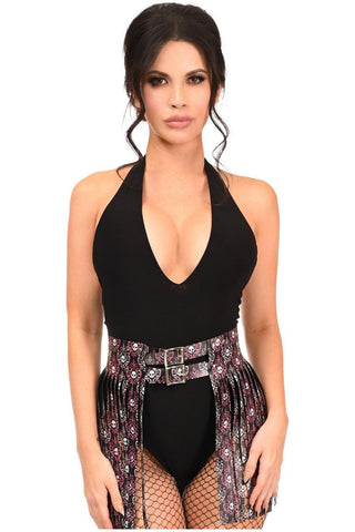 Pink & White Skulls Faux Leather Fringe Skirt - Daisy Corsets