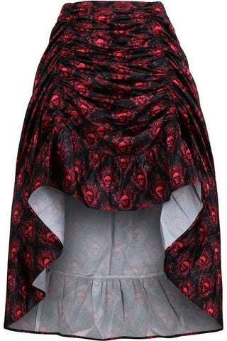 Red & Black Skull Satin Adjustable High Low Skirt - Daisy Corsets