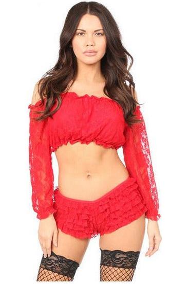 Red Lined Lace Long Sleeve Peasant Top - Daisy Corsets