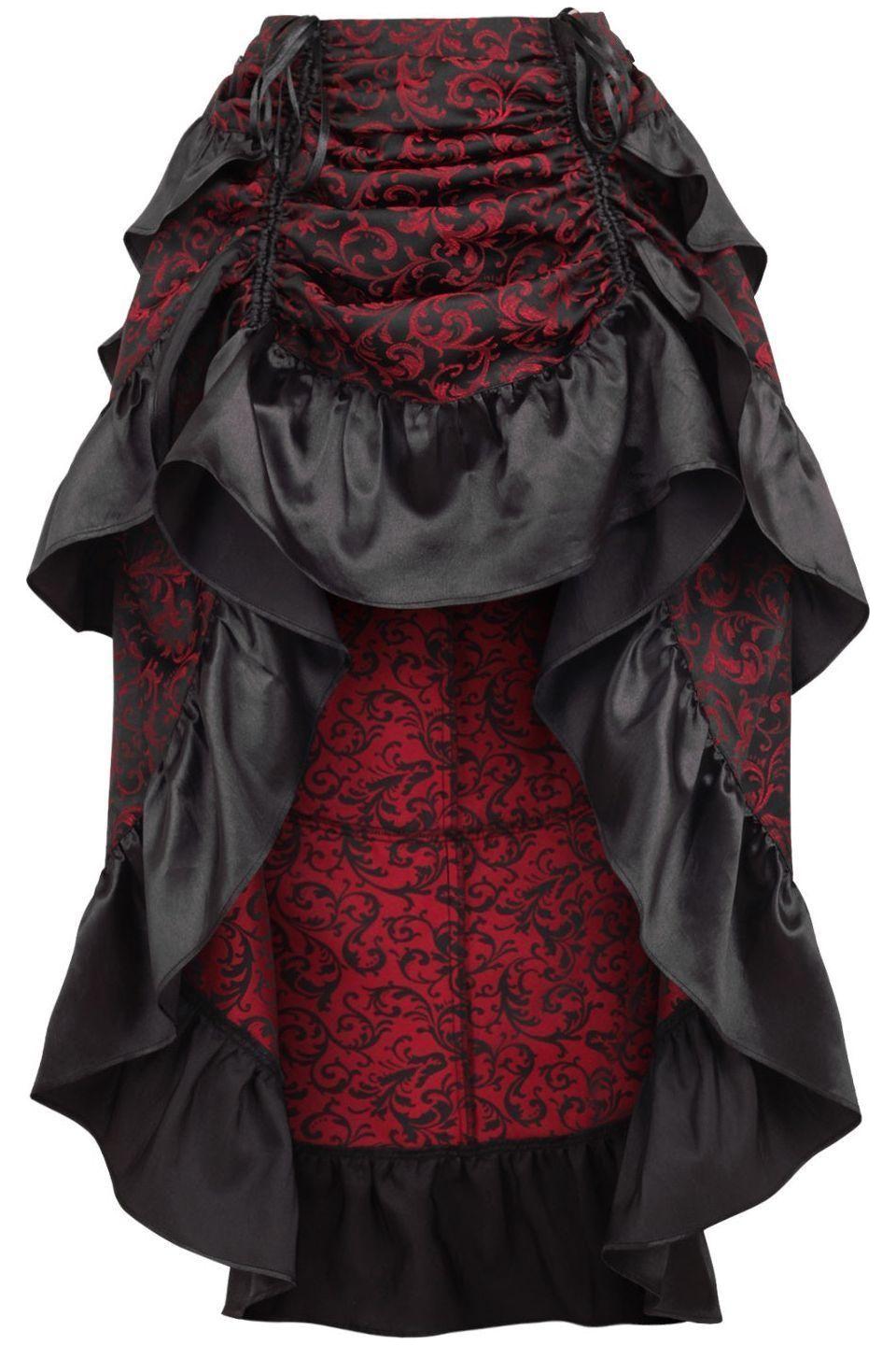 Red/Black Brocade Adjustable High Low Bustle Skirt - Daisy Corsets