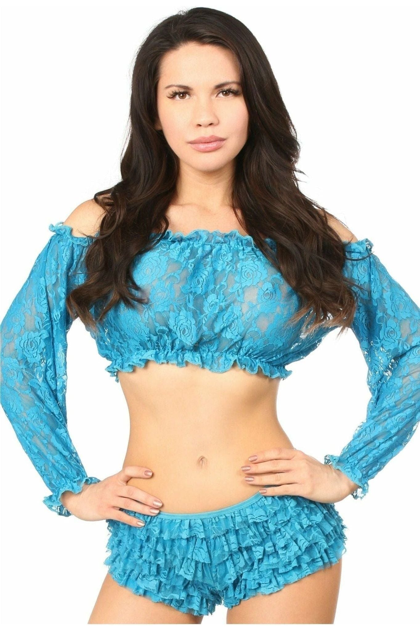 Teal Sheer Lace Long Sleeve Peasant Top - Daisy Corsets