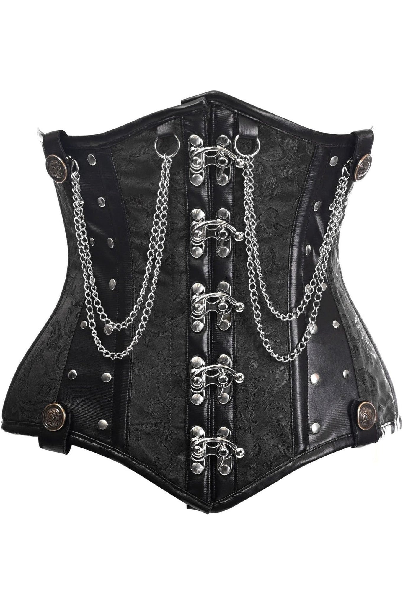 Top Drawer Black Brocade Steel Boned Underbust Corset w/Chains and Clasps - Daisy Corsets