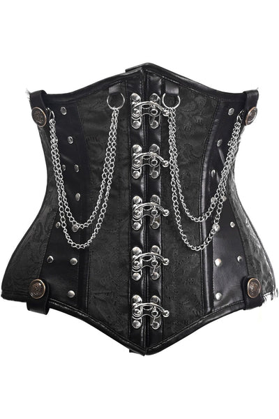 Top Drawer Black Brocade Steel Boned Underbust Corset w/Chains and Clasps - Daisy Corsets