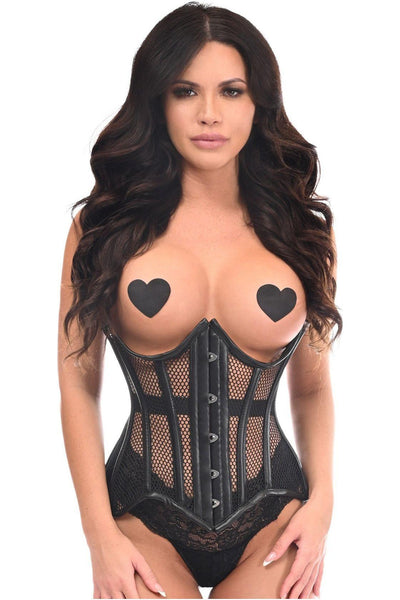 Top Drawer Black Fishnet & Faux Leather Steel Boned Underwire Curvy Cut Waist Cincher Corset - Daisy Corsets