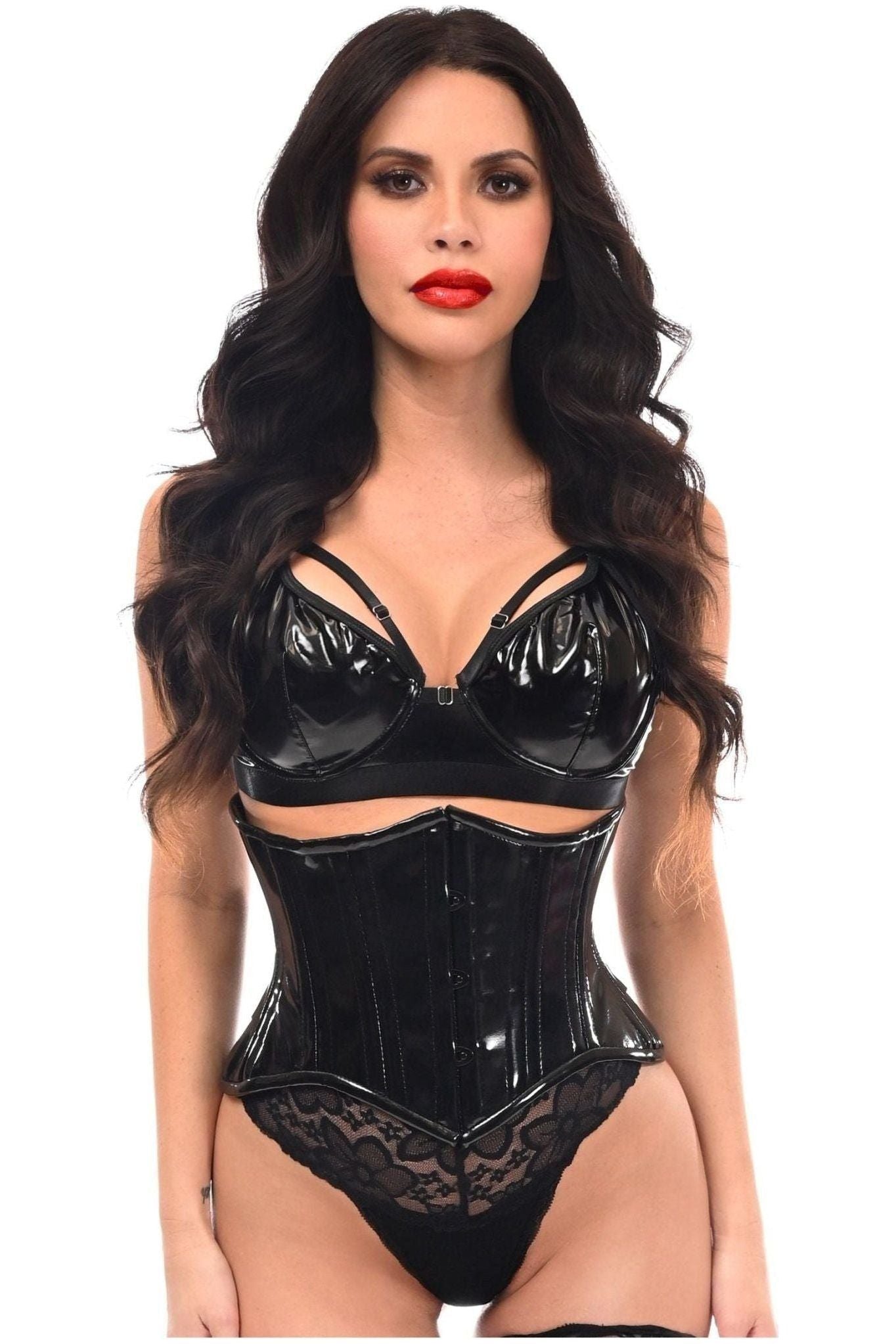 Top Drawer Black Patent PVC Vinyl Double Steel Boned Curvy Cut Waist Cincher - Daisy Corsets