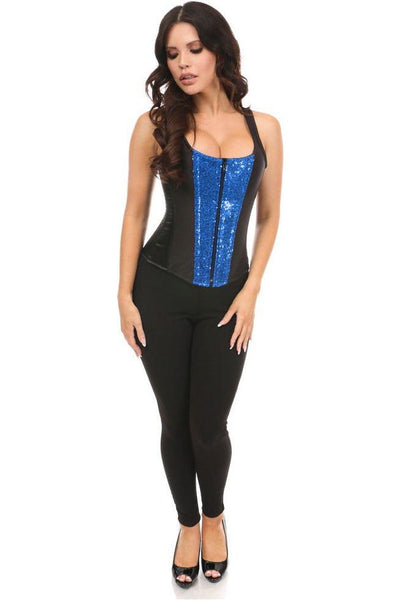 Top Drawer Black Satin & Blue Sequin Steel Boned Corset w/Straps - Daisy Corsets