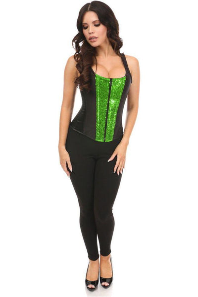 Top Drawer Black Satin & Green Sequin Steel Boned Corset w/Straps - Daisy Corsets