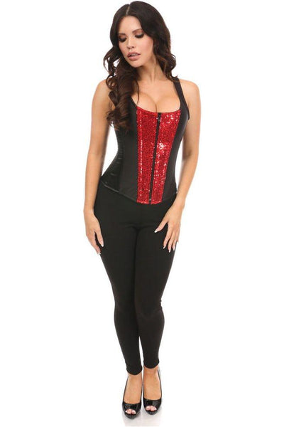 Top Drawer Black Satin & Red Sequin Steel Boned Corset w/Straps - Daisy Corsets