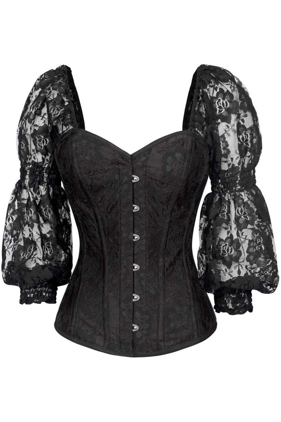 Top Drawer Black w/Black Lace Steel Boned Long Sleeve Corset - Daisy Corsets