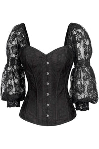 Top Drawer Black w/Black Lace Steel Boned Long Sleeve Corset - Daisy Corsets