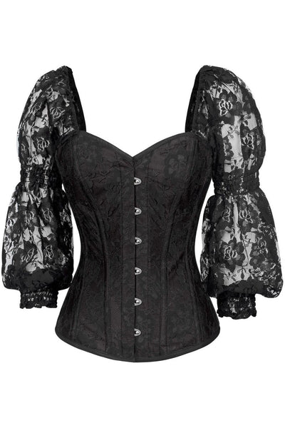 Top Drawer Black w/Black Lace Steel Boned Long Sleeve Corset - Daisy Corsets