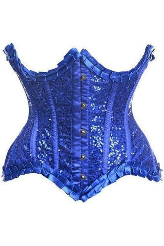Top Drawer Blue Satin & Sequin Underwire Curvy Cut Steel Boned Waist Cincher Corset - Daisy Corsets