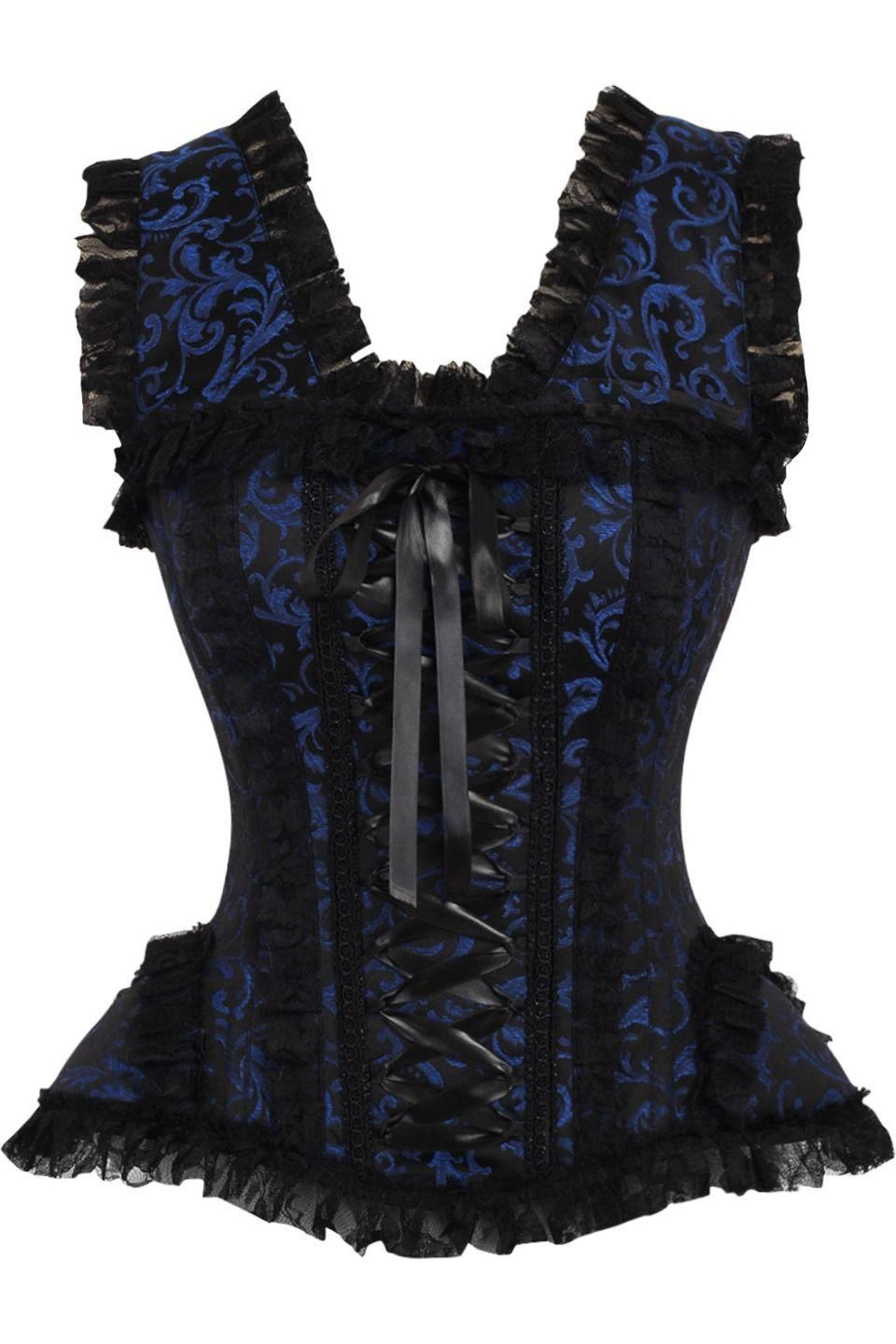 Top Drawer Blue/Black Swirl Brocade & Lace Steel Boned Corset w/Cap Sleeves - Daisy Corsets