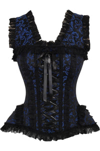 Top Drawer Blue/Black Swirl Brocade & Lace Steel Boned Corset w/Cap Sleeves - Daisy Corsets