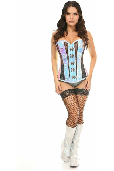 Top Drawer Blue/Purple Holo & Black Fishnet Steel Boned Over Bust Corset - Daisy Corsets