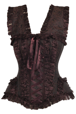 Top Drawer Brown Swirl Brocade & Lace Steel Boned Corset w/Cap Sleeves - Daisy Corsets